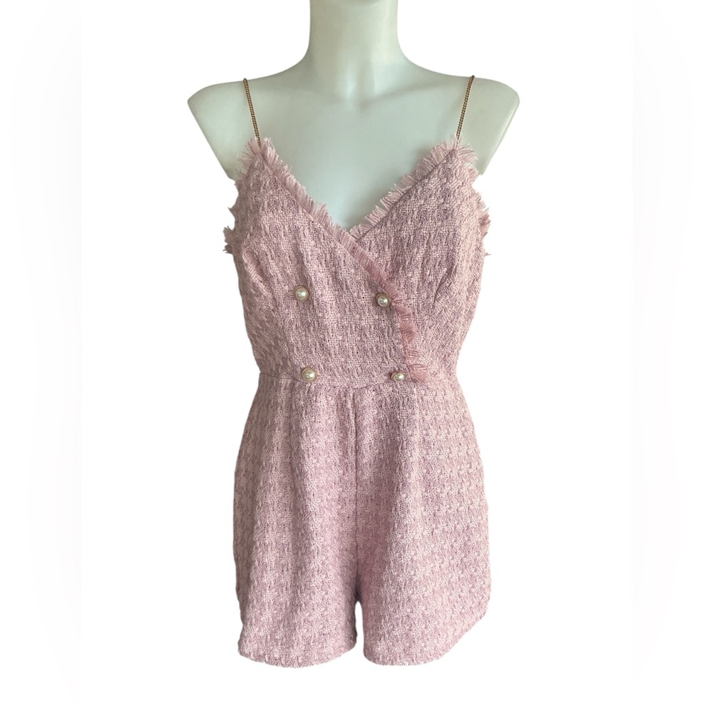 Lilli Dusty Rose Tweed Romper w/ Goldtone Straps Gold & Pearl Buttons NWT Large